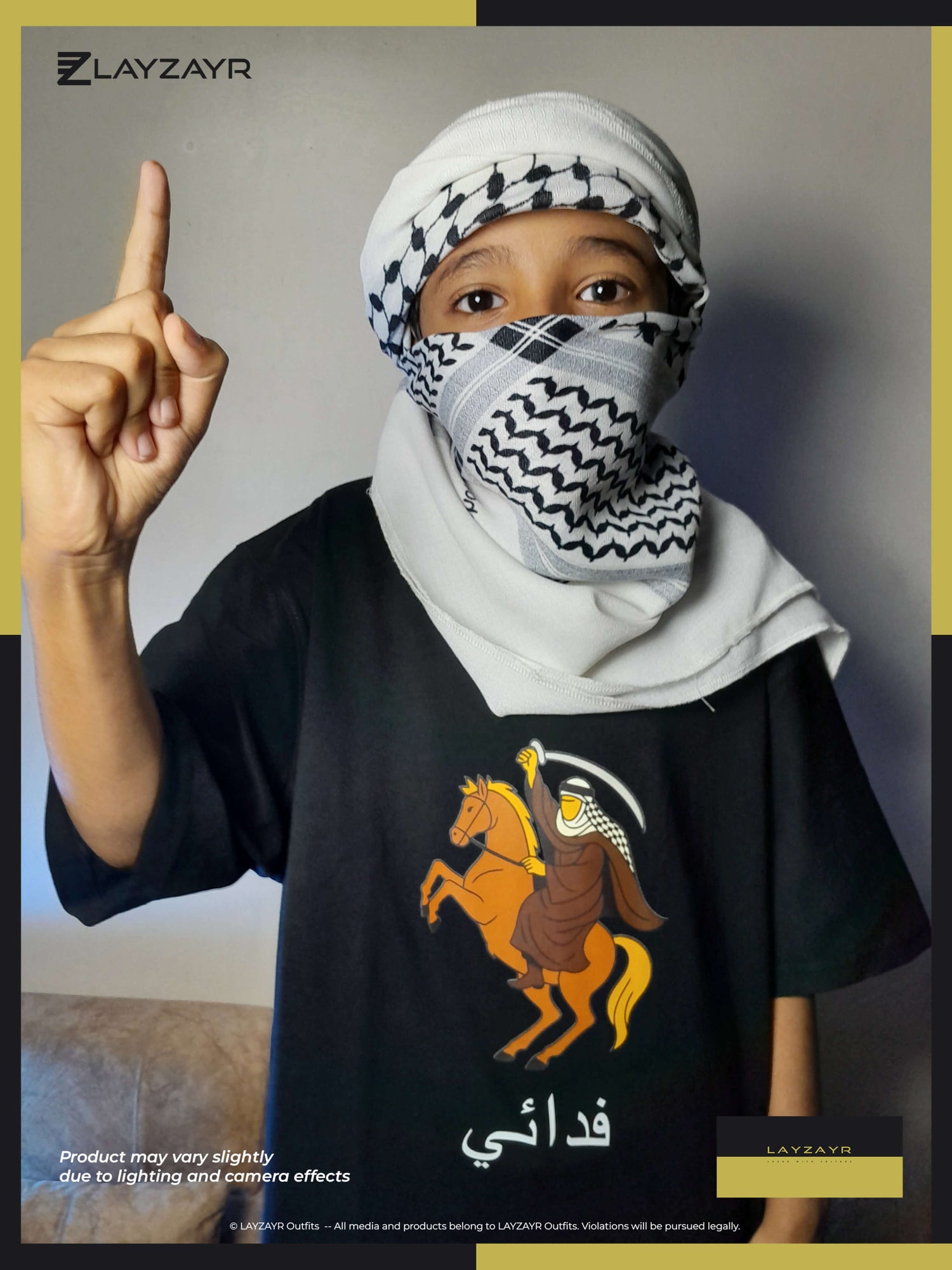 Person wearing a headscarf and black shirt with a horse design, pointing upwards.