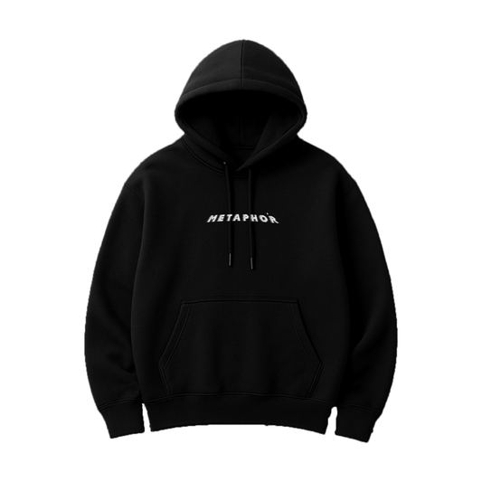 Black hoodie with 'METAPHOR' text on a white background